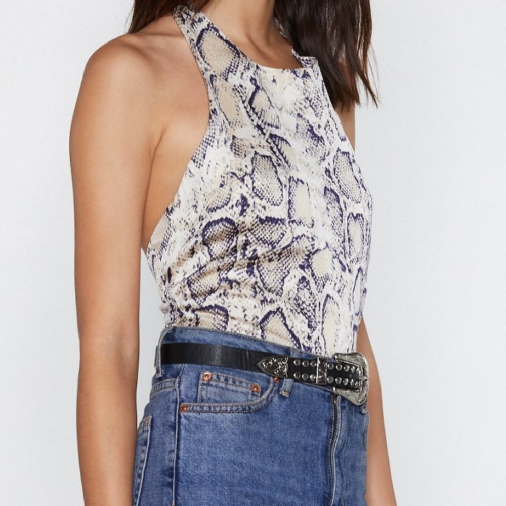Snake Print Halter Tank Top - White/Brown